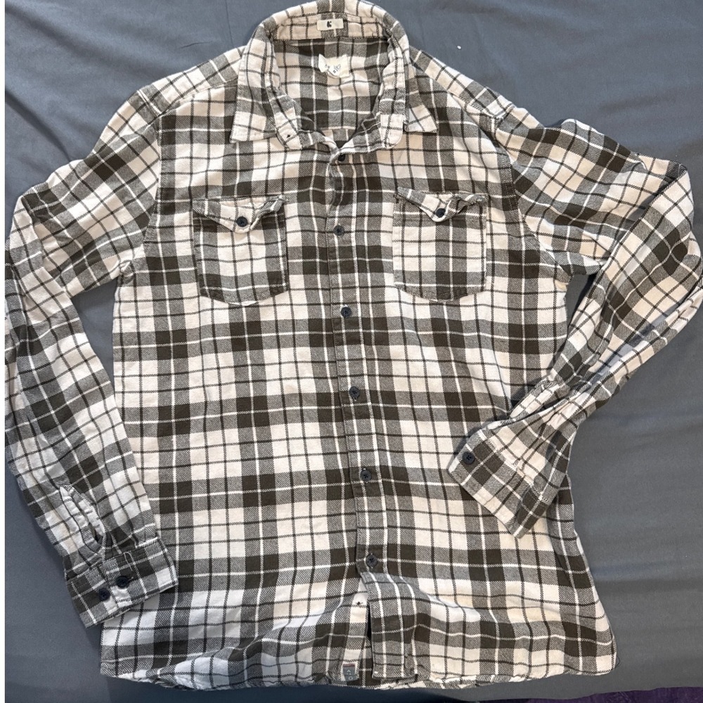 Ambig Flannel Shirt Mens M Plaid Olive Green Cream Button Down EUC